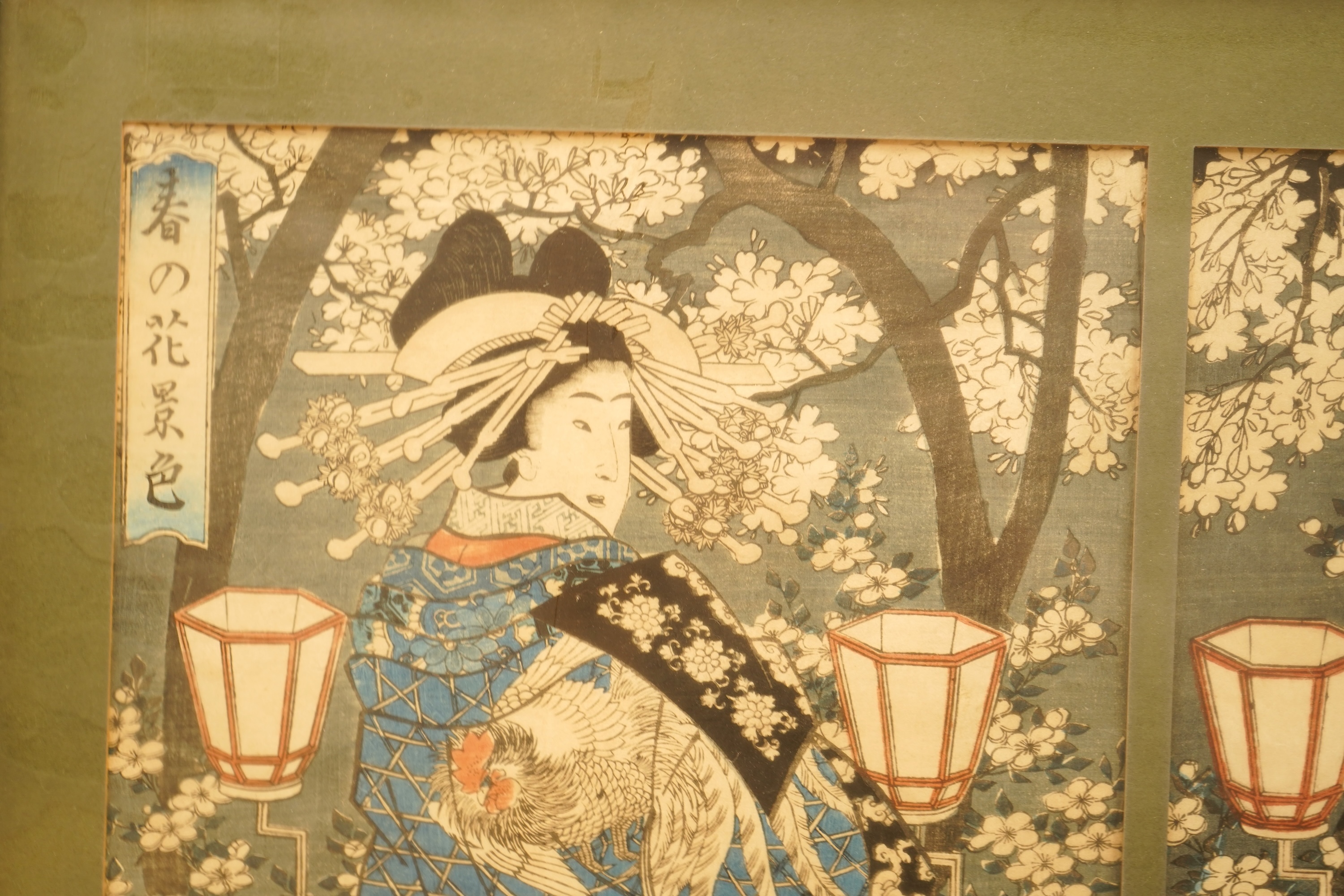 Yoshitora (Act. 1830s-80s), woodblock triptych, three courtesans in full attire standing under cherry blossoms, published by Sensei in 1859, ex. Japanese Gallery, Kensington Church Street, 35 x 74cm